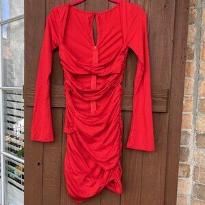 RED CUTOUT tube top Bodycon long sleeve ruffled dress slinky  preowned sz S